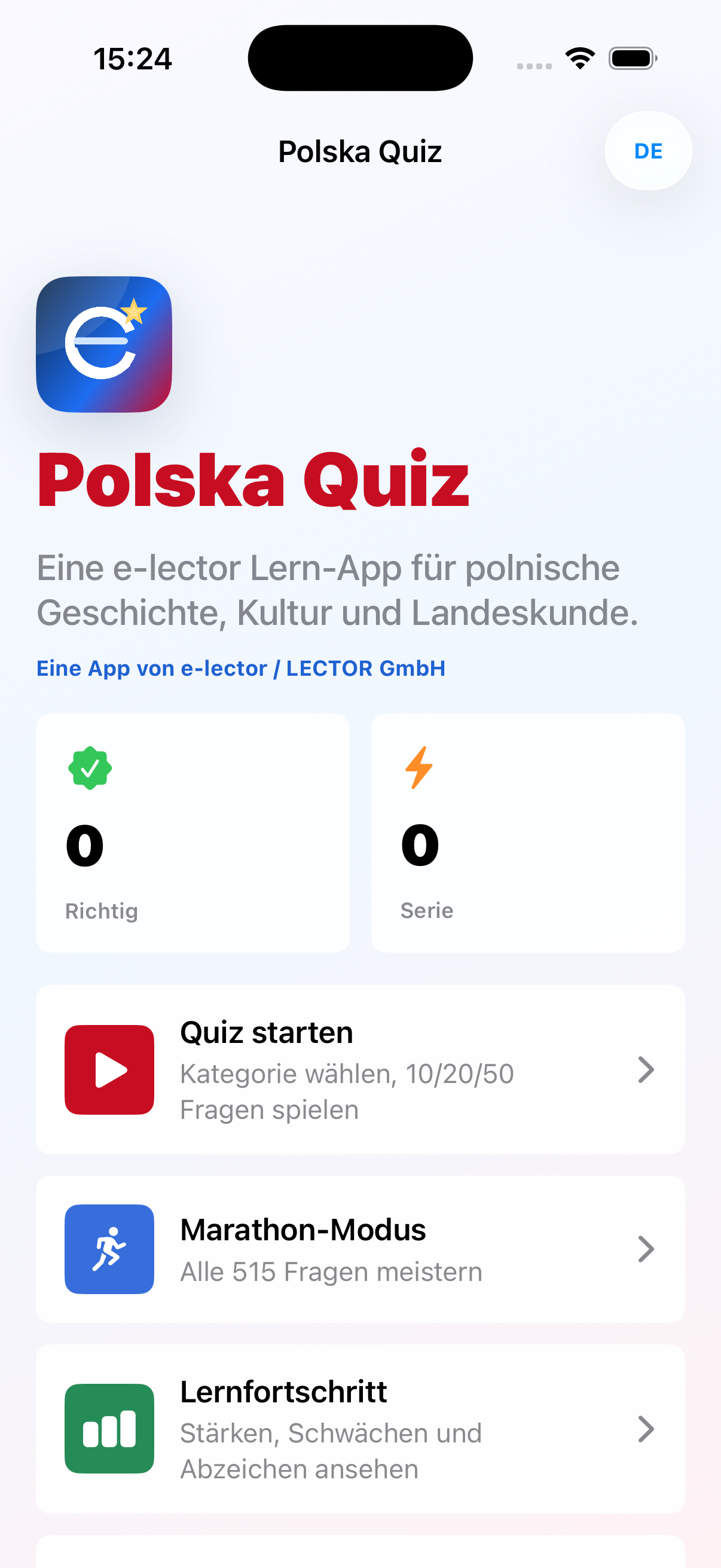 Screenshot der App Polska Quiz mit Start-Dashboard