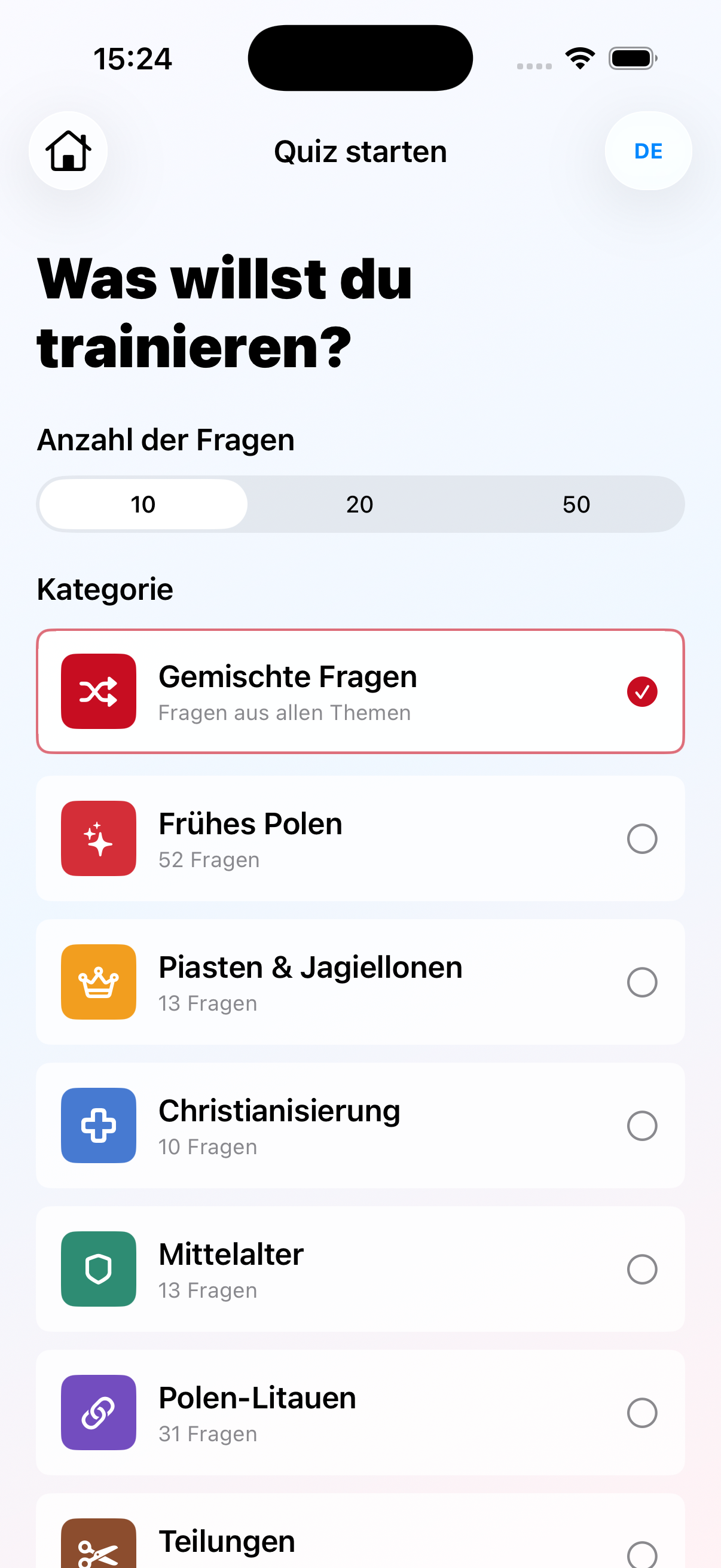 Kategorieauswahl in Polska Quiz